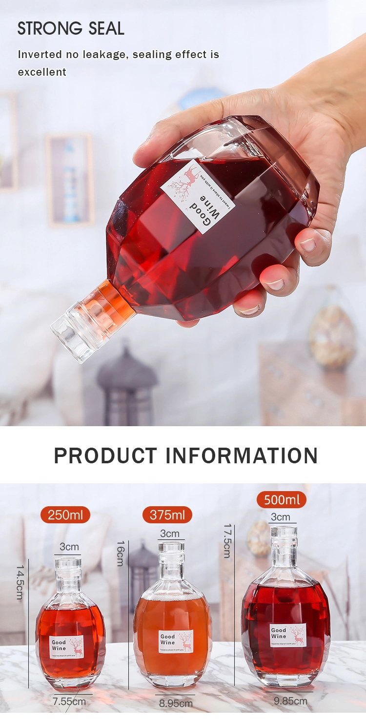 Fancy 250ml 375ml 500ml Clear Beverage Fruit Juice Ice Wine Glass Bottle with Cork
